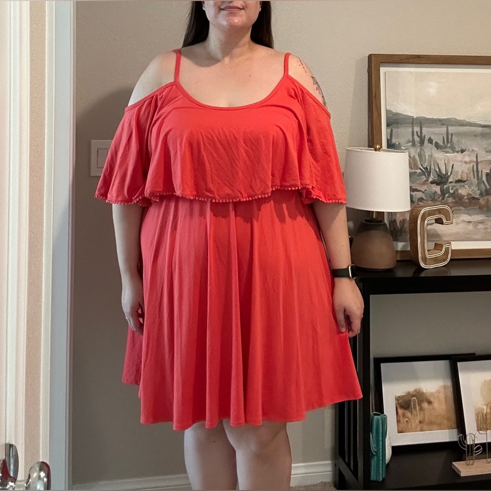 Coral Cold-Shoulder Jersey Skater Dress